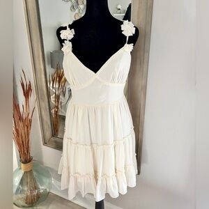 All in Favor Flower Strap Cream Ruffle Mini Dress